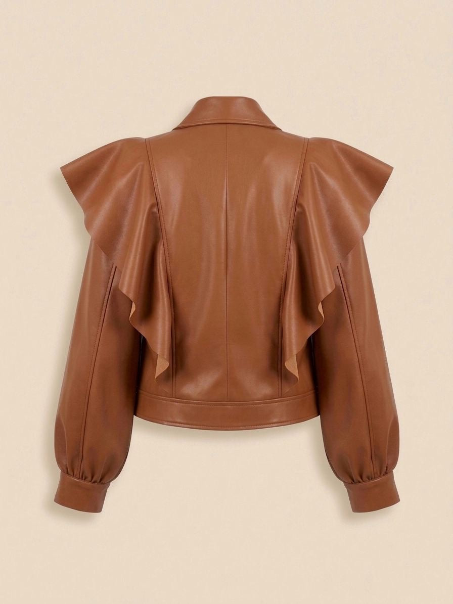 Brown Faux Leather Ruffle Jacket - Cropped Statement Blazer with Dramatic Frill Detail