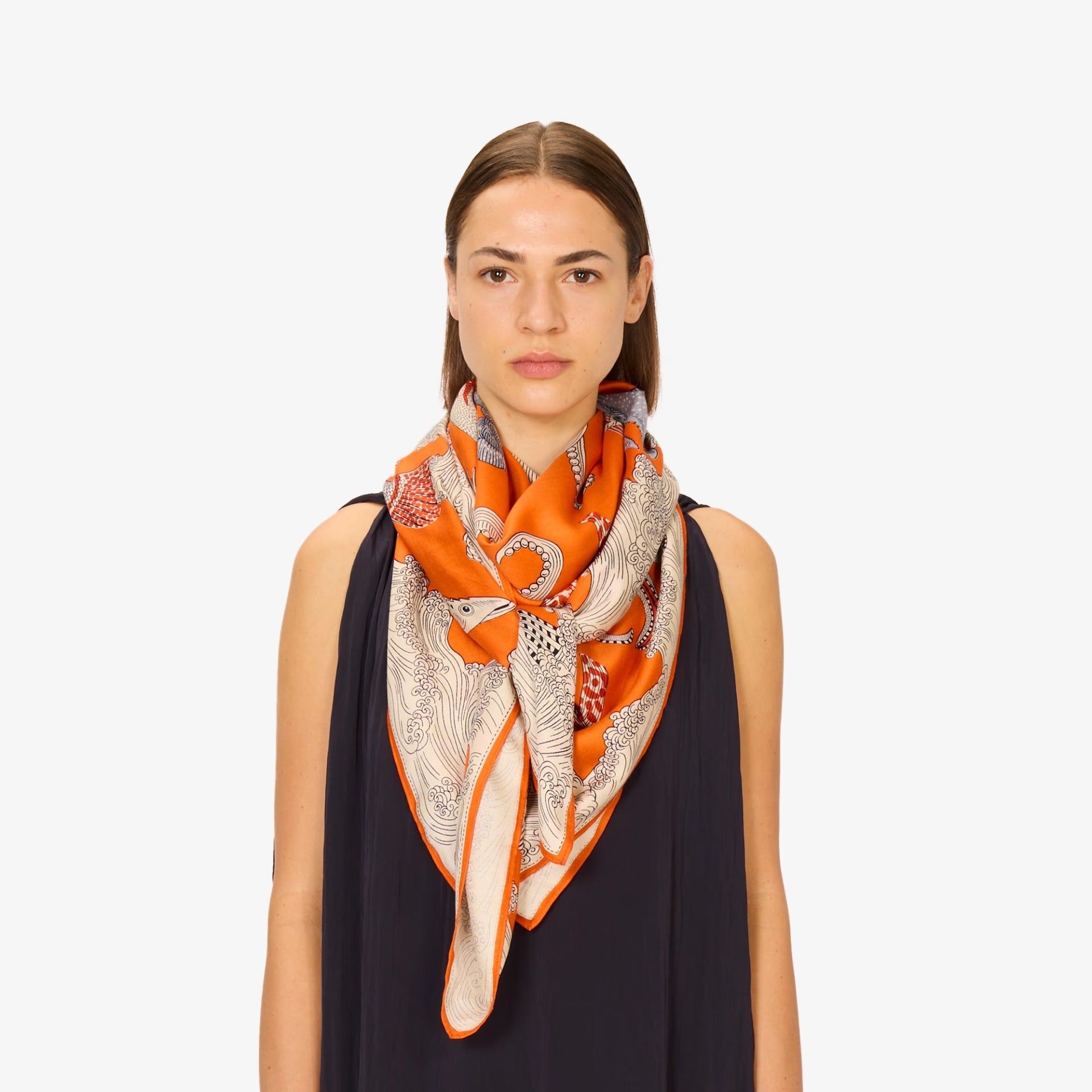 Scarf square 130 Poseidon orange scarf
