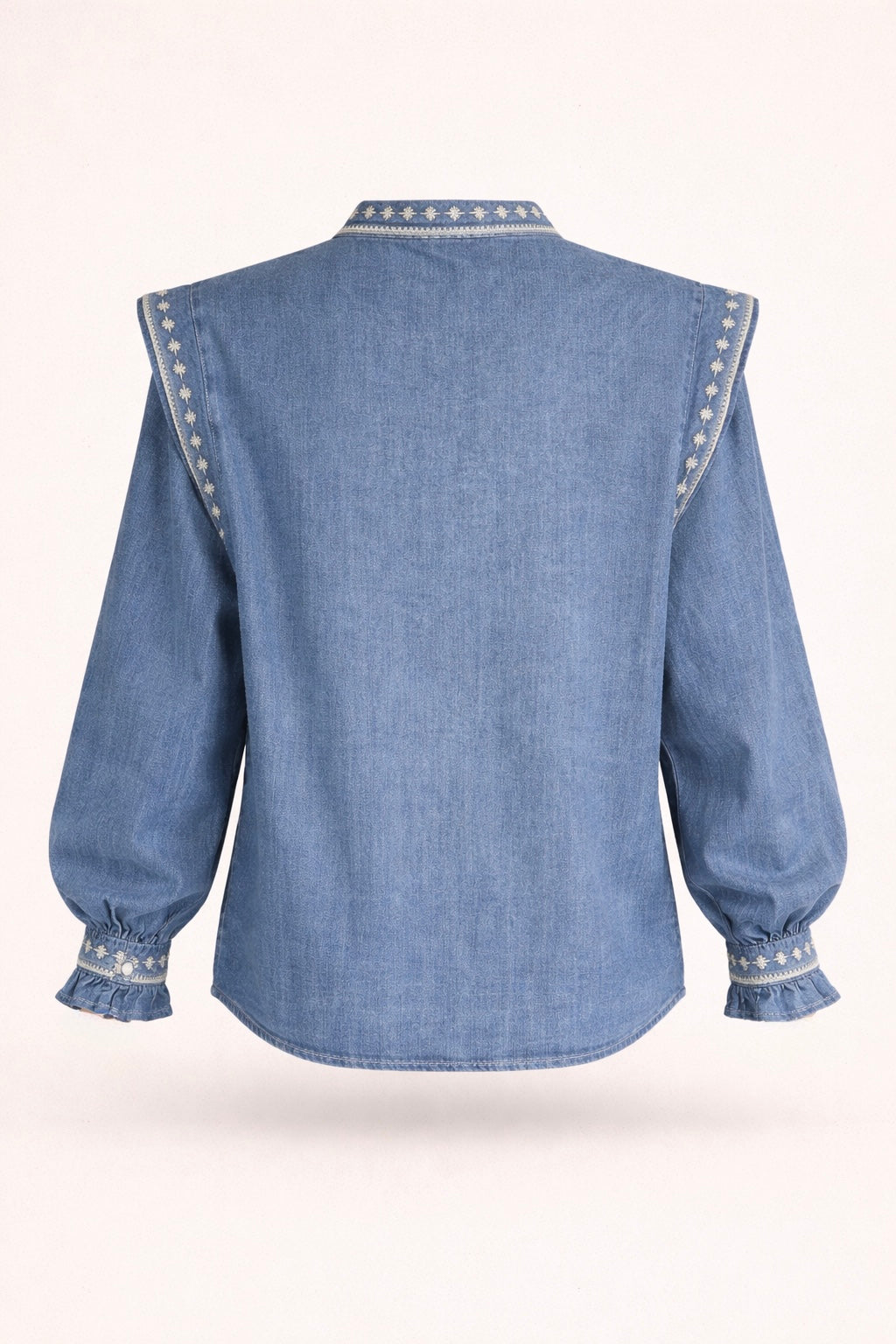 Embroidered Denim Blouse with Statement Shoulders - Premium Boho Chic Shirt