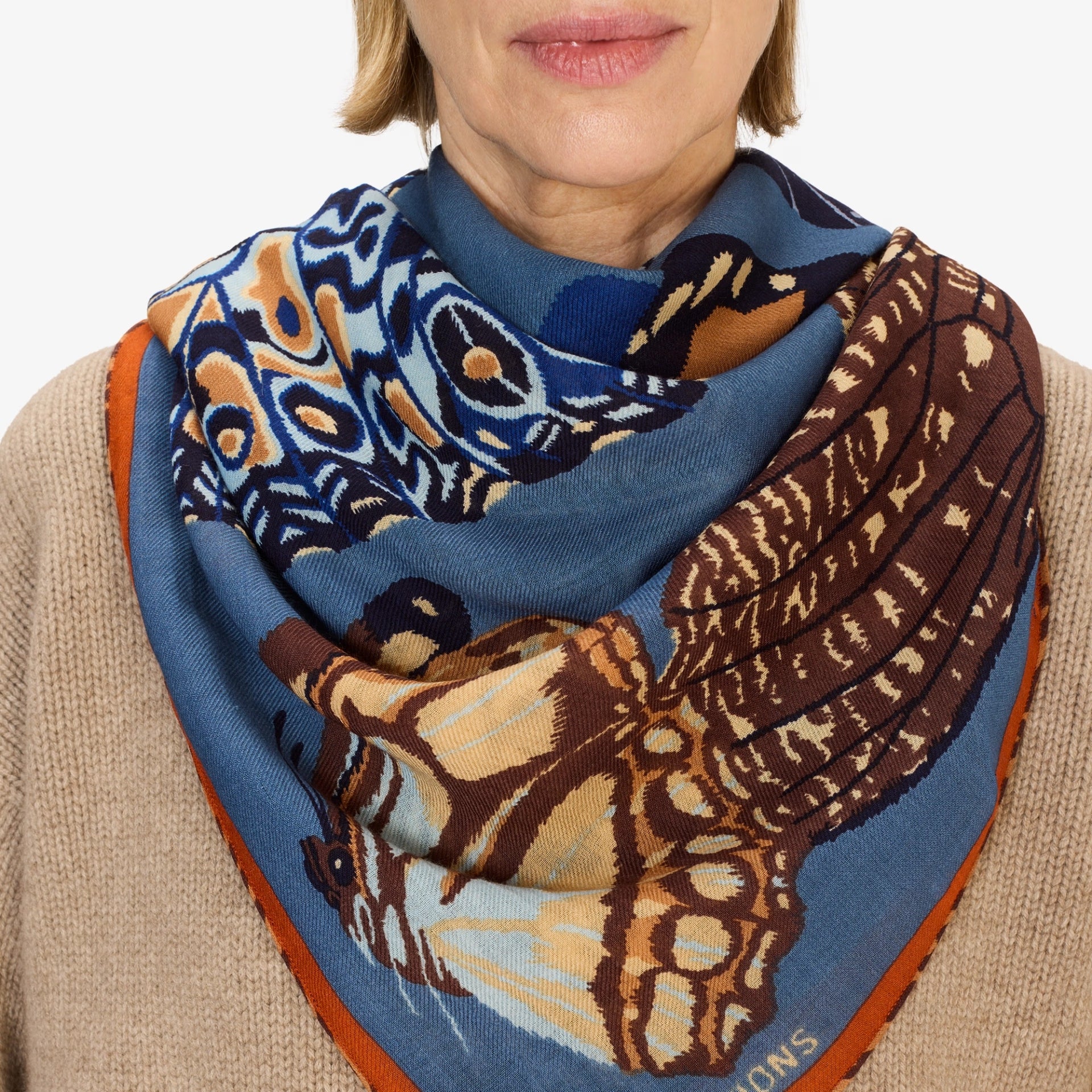 Square 130 Papillons wool blue scarf