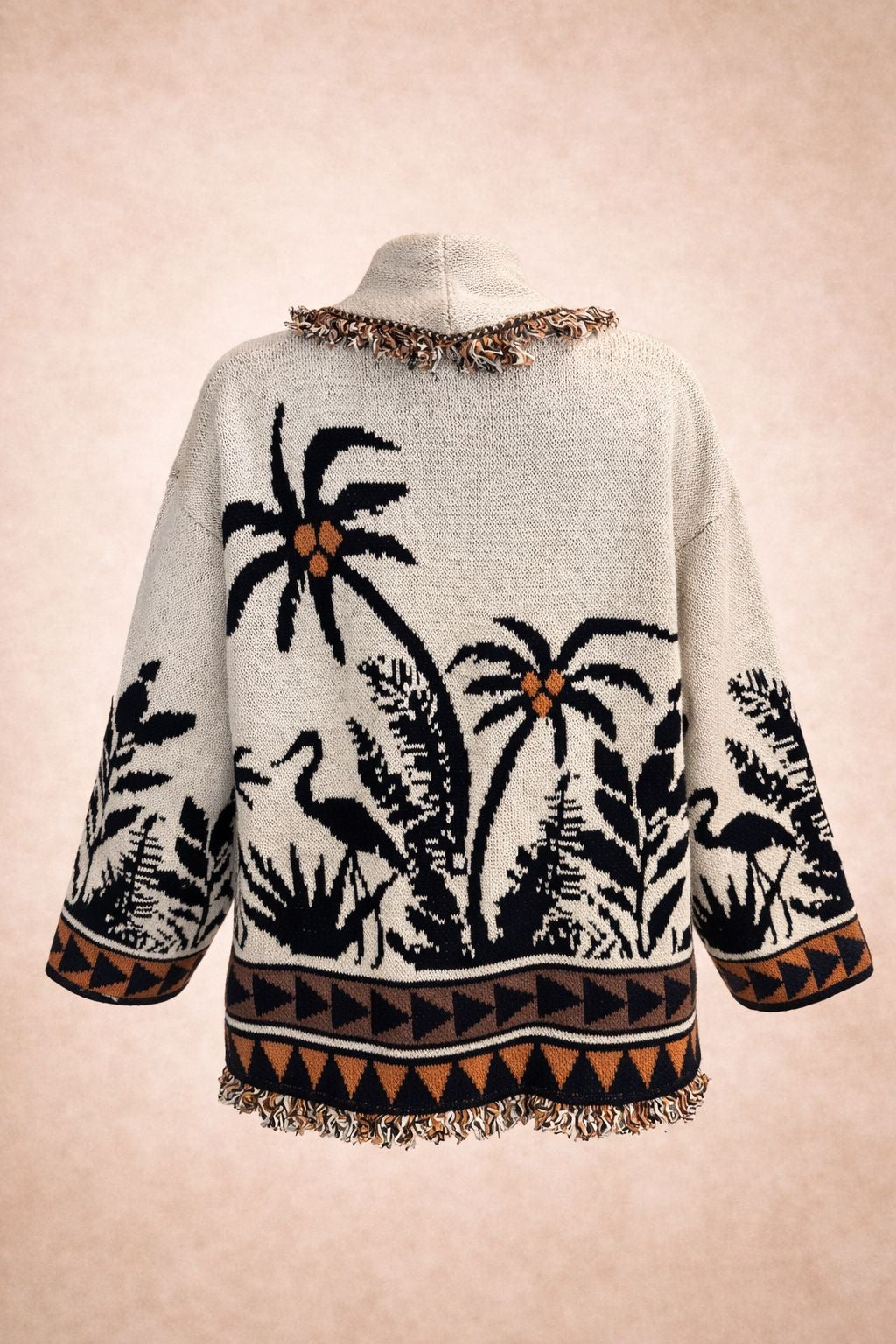 Palm Jacquard Oversized Cardigan - Cream & Black Boho Statement Knit