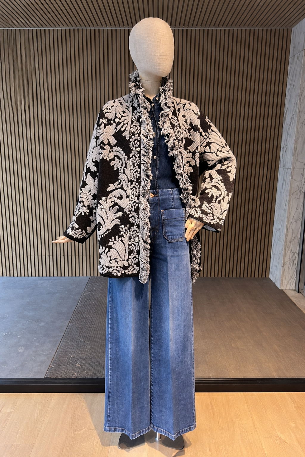 Brown Damask Fringe Relaxed-Fit Cardigan