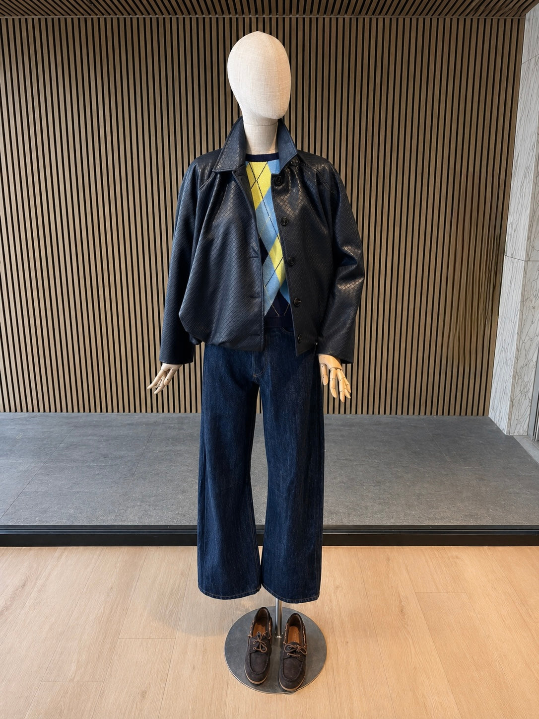 Navy Textured Cropped Eco Leather Jacket