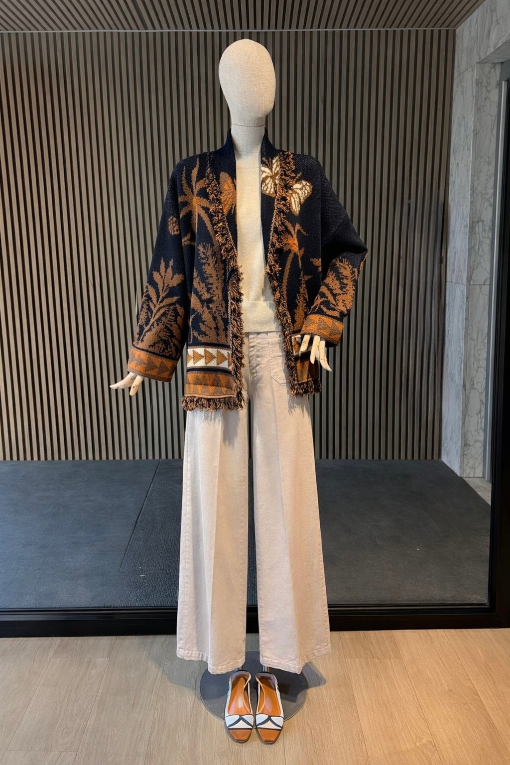 Palm Jacquard Oversized Knit Cardigan - Dark Navy & Brown Boho Statement Jacket