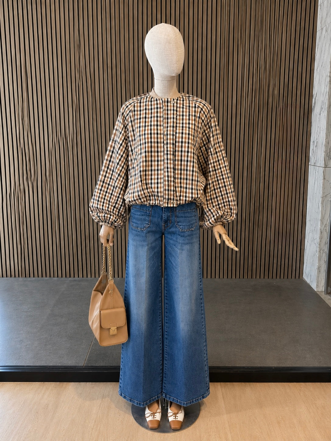 Women's Relaxed Fit Beige Check Bomber Jacket - Lightweight Balloon Sleeve Zip Jacket