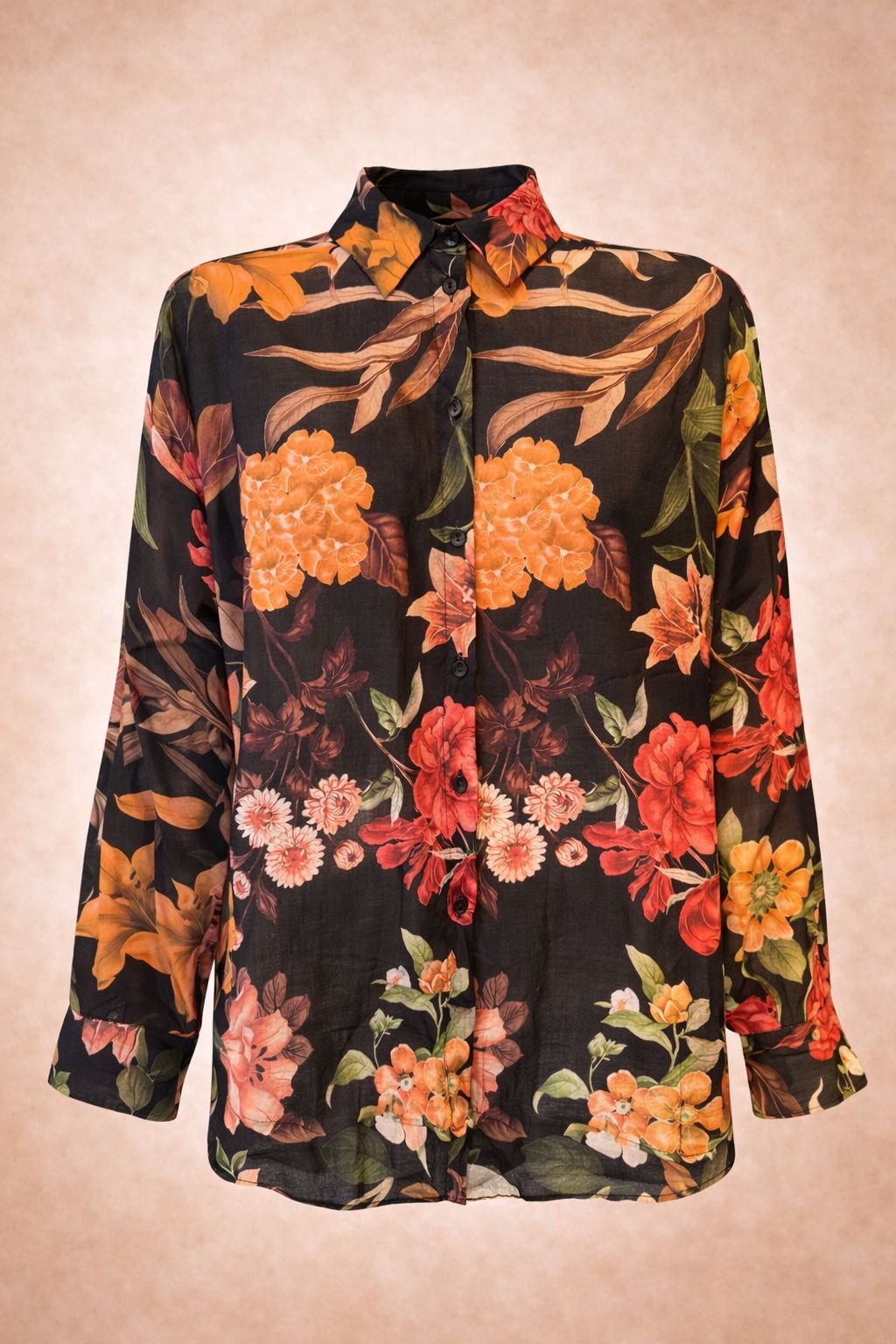 Black Floral Sheer Shirt - Lightweight Button-Up Blouse for Women