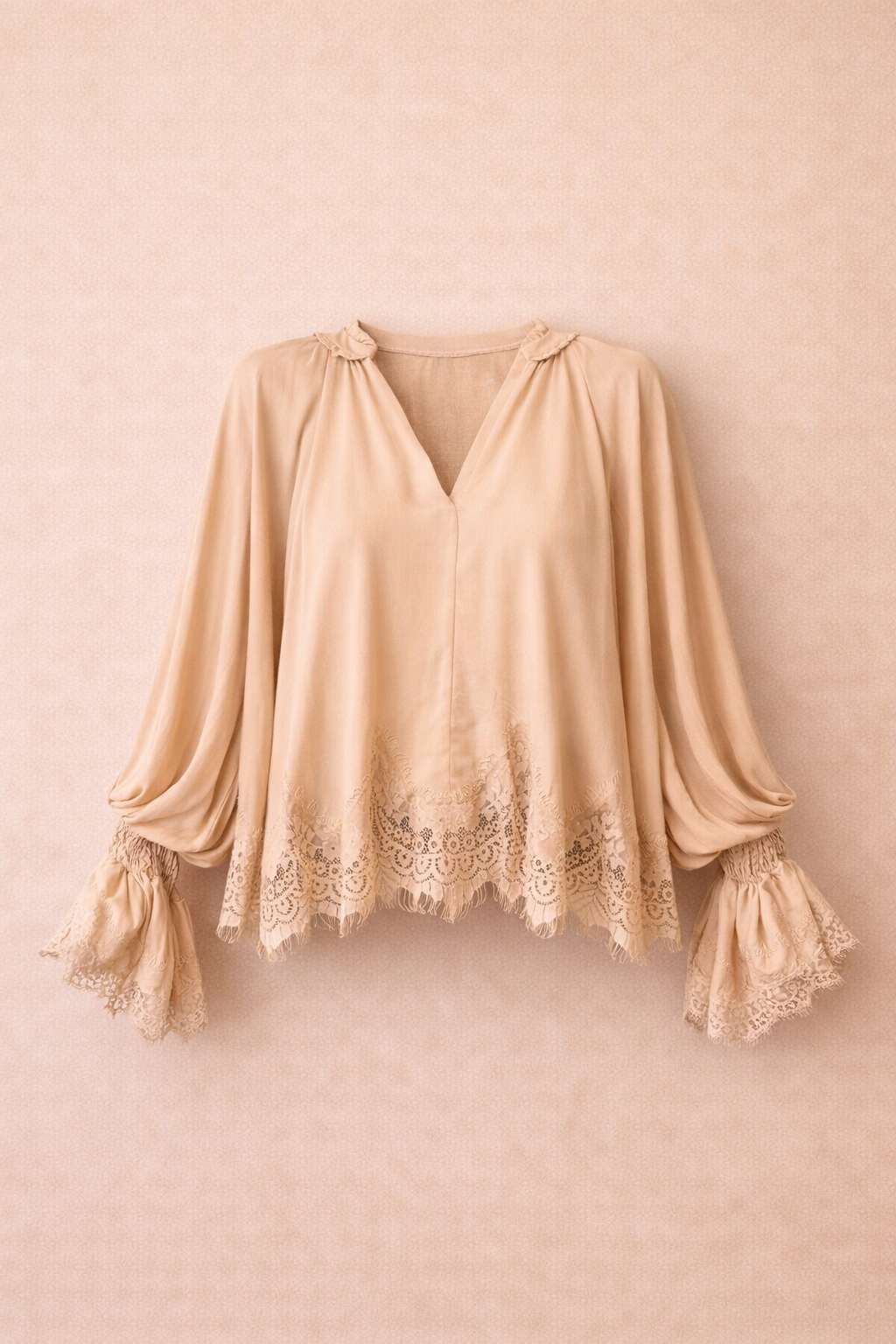 Oversized Beige Lace Trim Blouse - Elegant Long Sleeve Boho Top