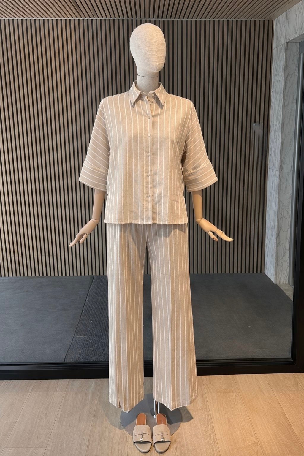 Beige with Striped Cream and Gold Lines Trousers - Relaxed Fit Summer Trousers