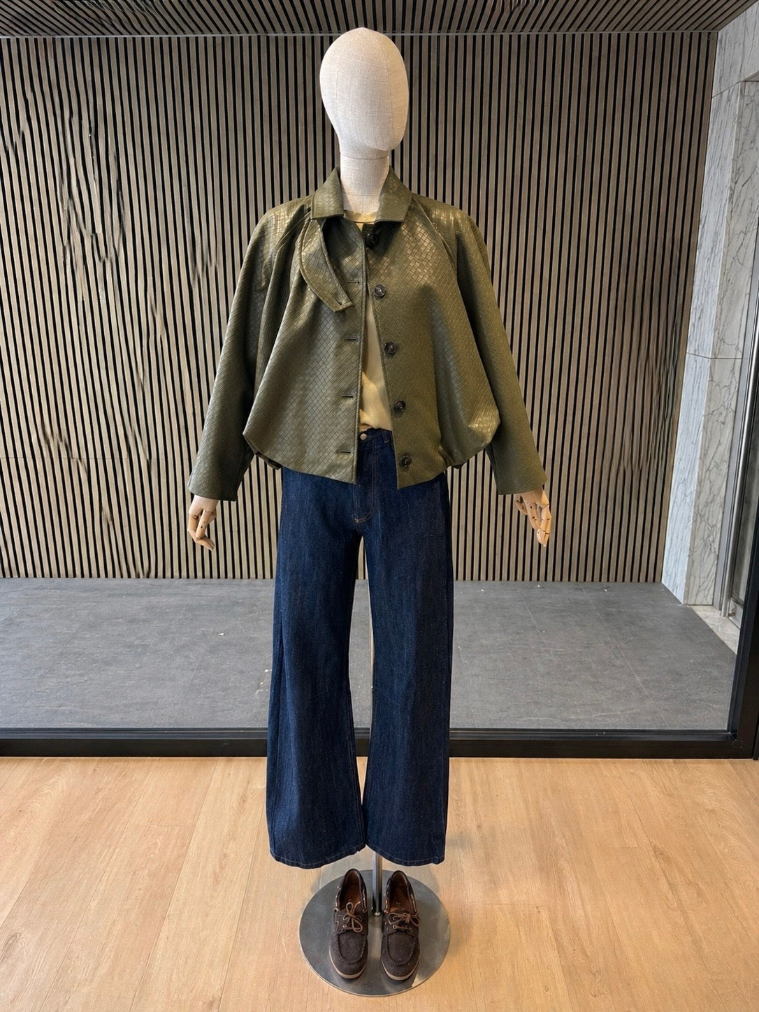 Olive Green Textured Cropped Eco Leather Jacket