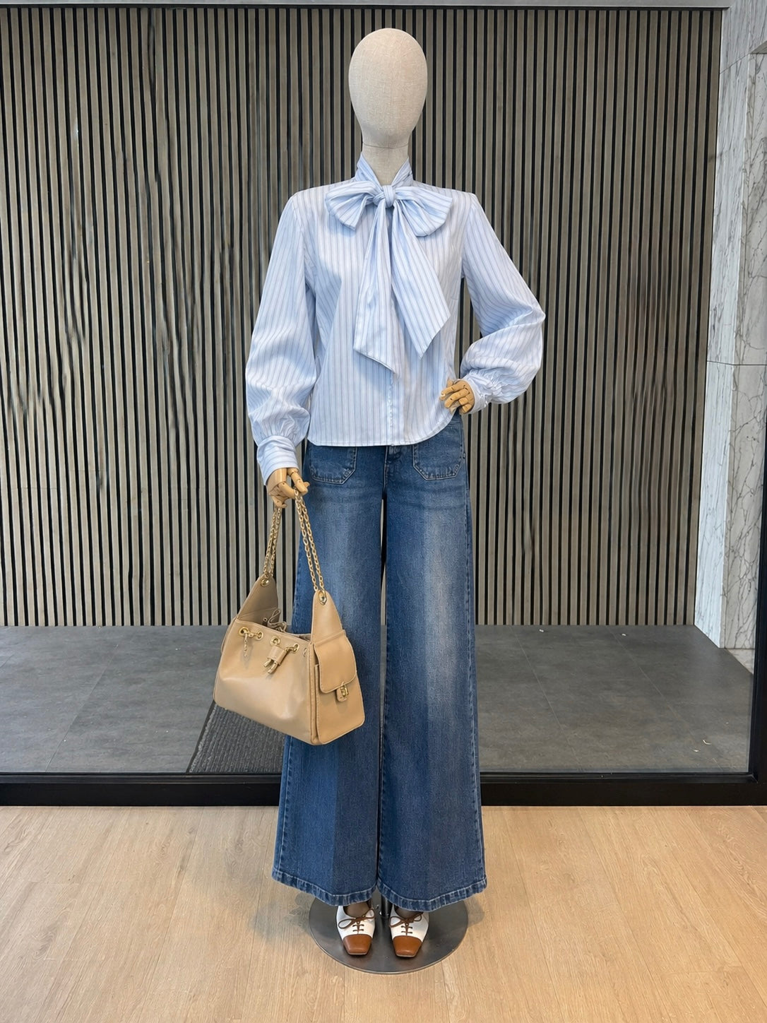 Relaxed Fit Light Blue Striped Bow Tie Cotton Shirt