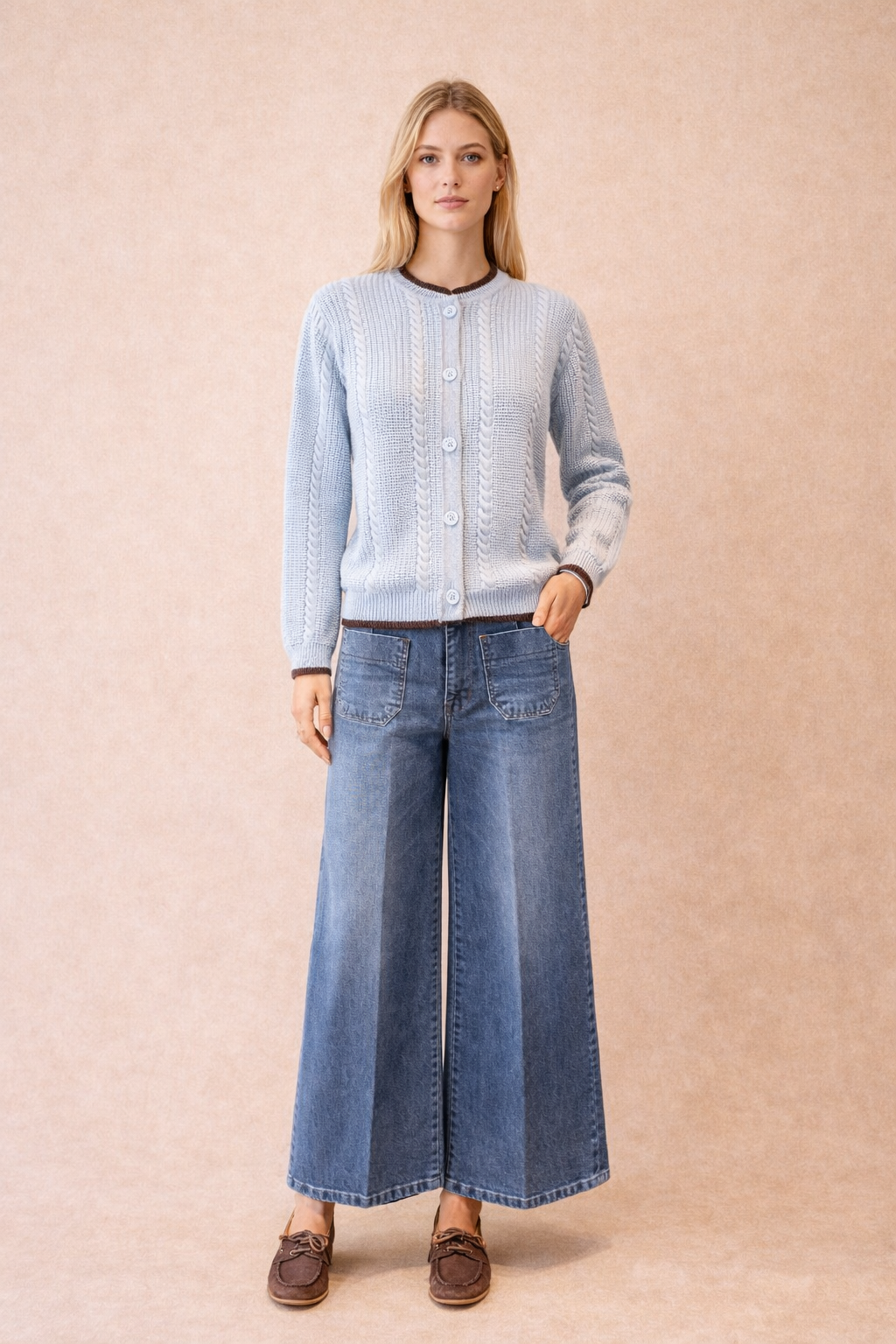 Light Blue Cable Knit Cardigan With Brown Trim - Women's Button Front Sweater