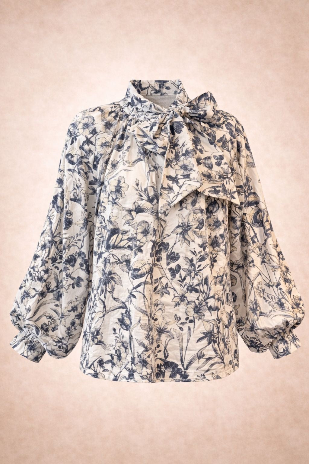 Blue Floral Blouse - Elegant Long Sleeve Tie Neck Top