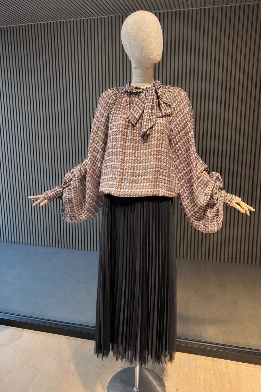 Soft Houndstooth Blouse with Bow Detail