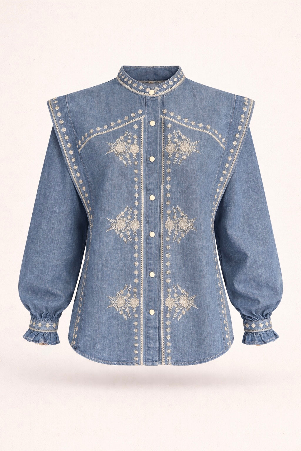 Embroidered Denim Blouse with Statement Shoulders - Premium Boho Chic Shirt