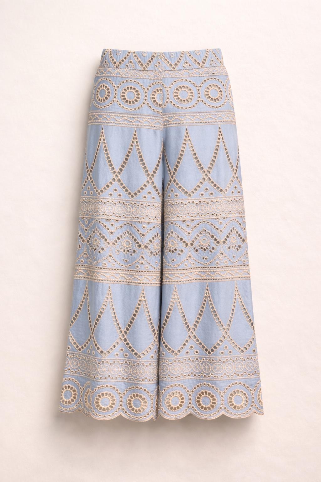 Sky Blue Broderie Anglaise Wide Leg Trousers - Maxi Length Lace Cotton Pants