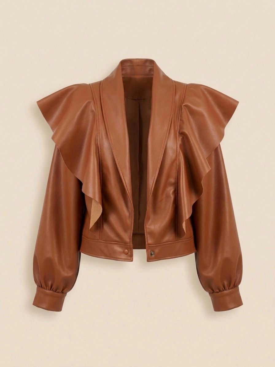 Brown Faux Leather Ruffle Jacket - Cropped Statement Blazer with Dramatic Frill Detail
