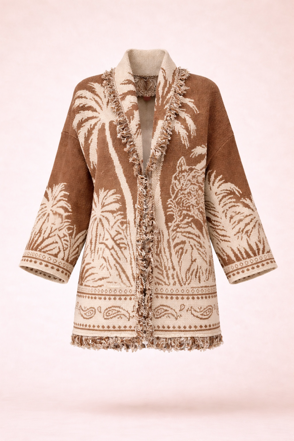 Palm Jacquard Belted Oversized Cardigan - Beige & Brown Boho Knit Jacket