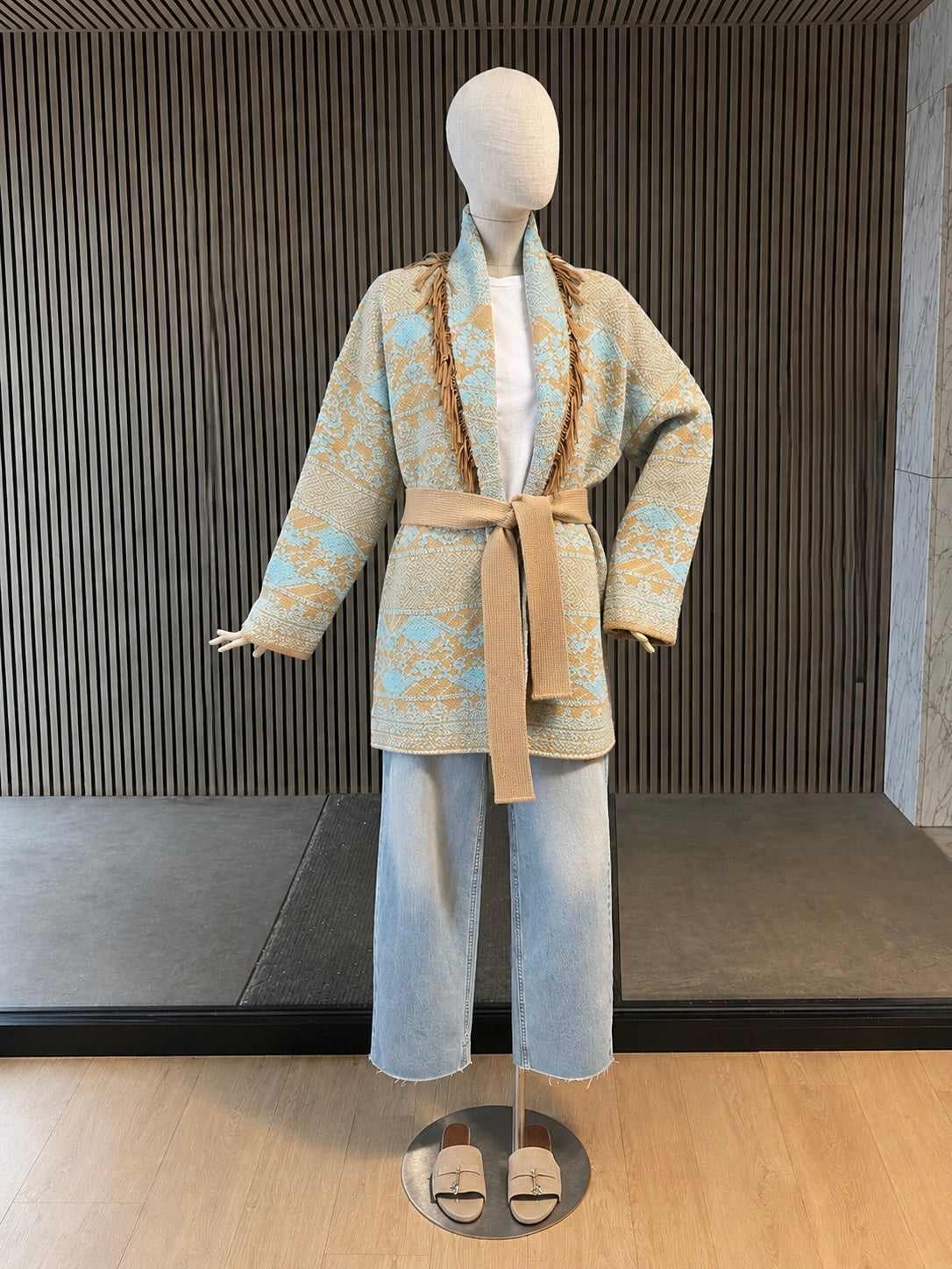Boho Fringe Knit Oversized Cardigan Jacket - Sky Blue Tribal Pattern Belted Cardigan