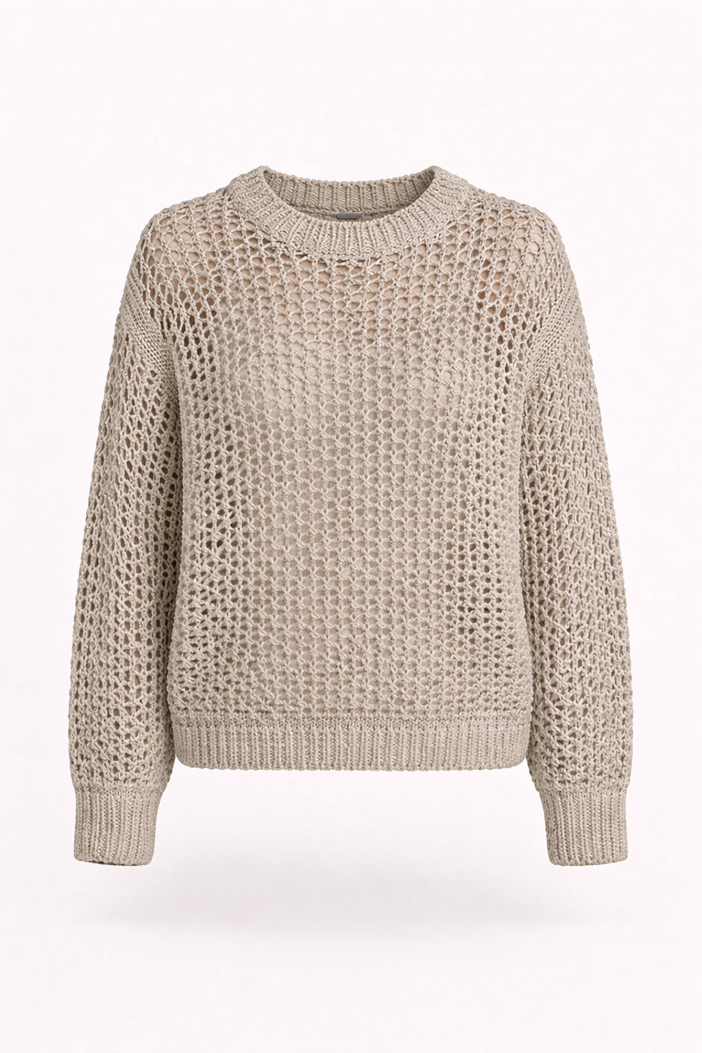 Relaxed Fit Beige Open Knit Sequin Sweater – Lightweight Crochet Knit Pullover