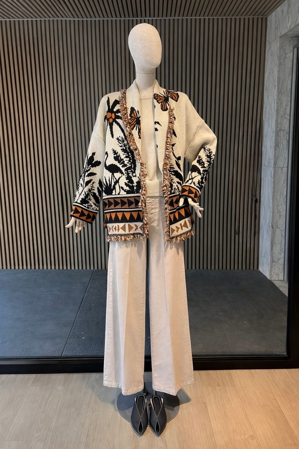 Palm Jacquard Oversized Cardigan - Cream & Black Boho Statement Knit