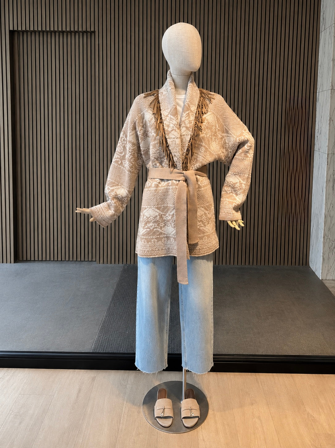 Boho Fringe Knit Oversized Cardigan Jacket - Beige Tribal Pattern Belted Cardigan