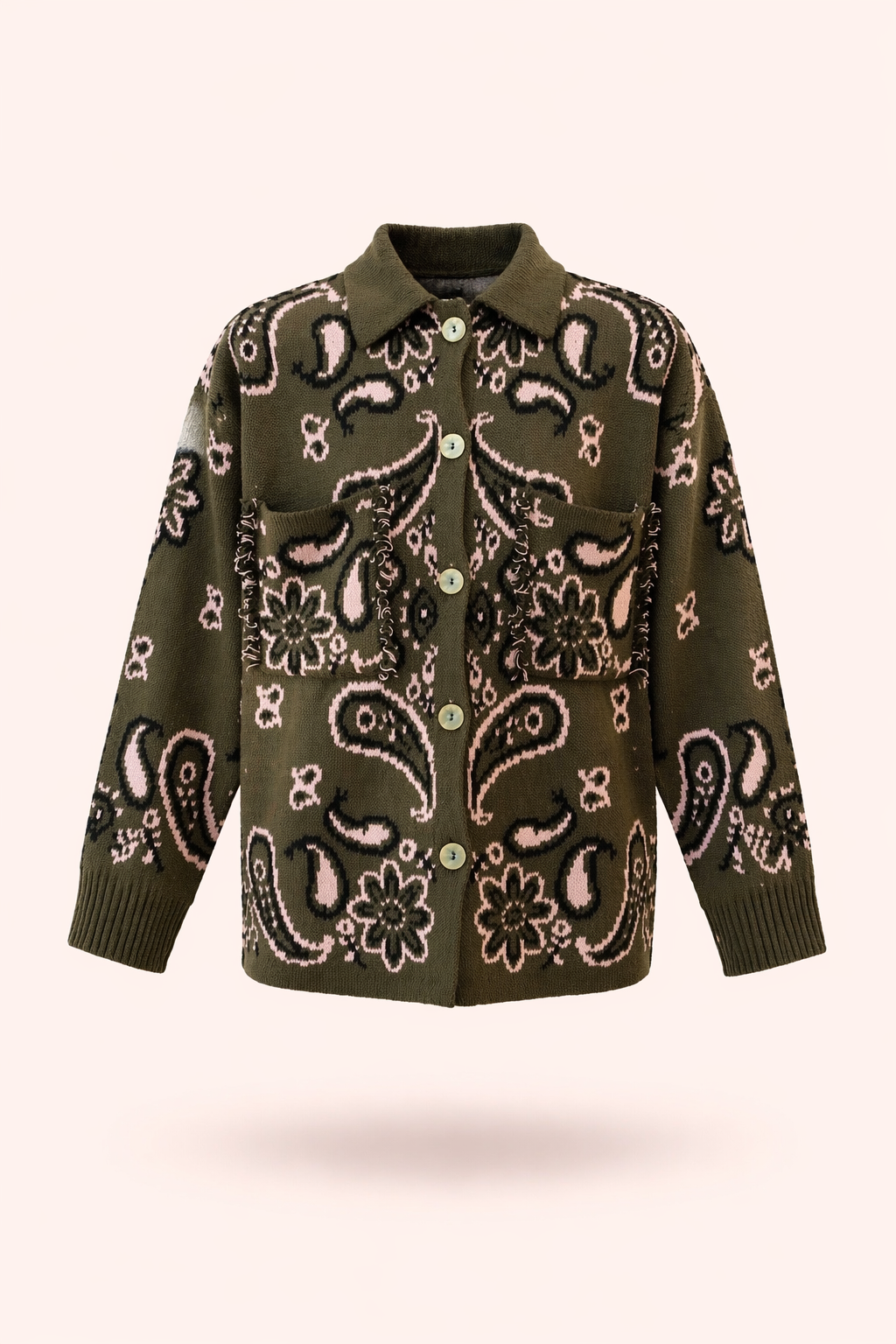 Olive Paisley Knit Cardigan Jacket - Relaxed Fit Button-Up