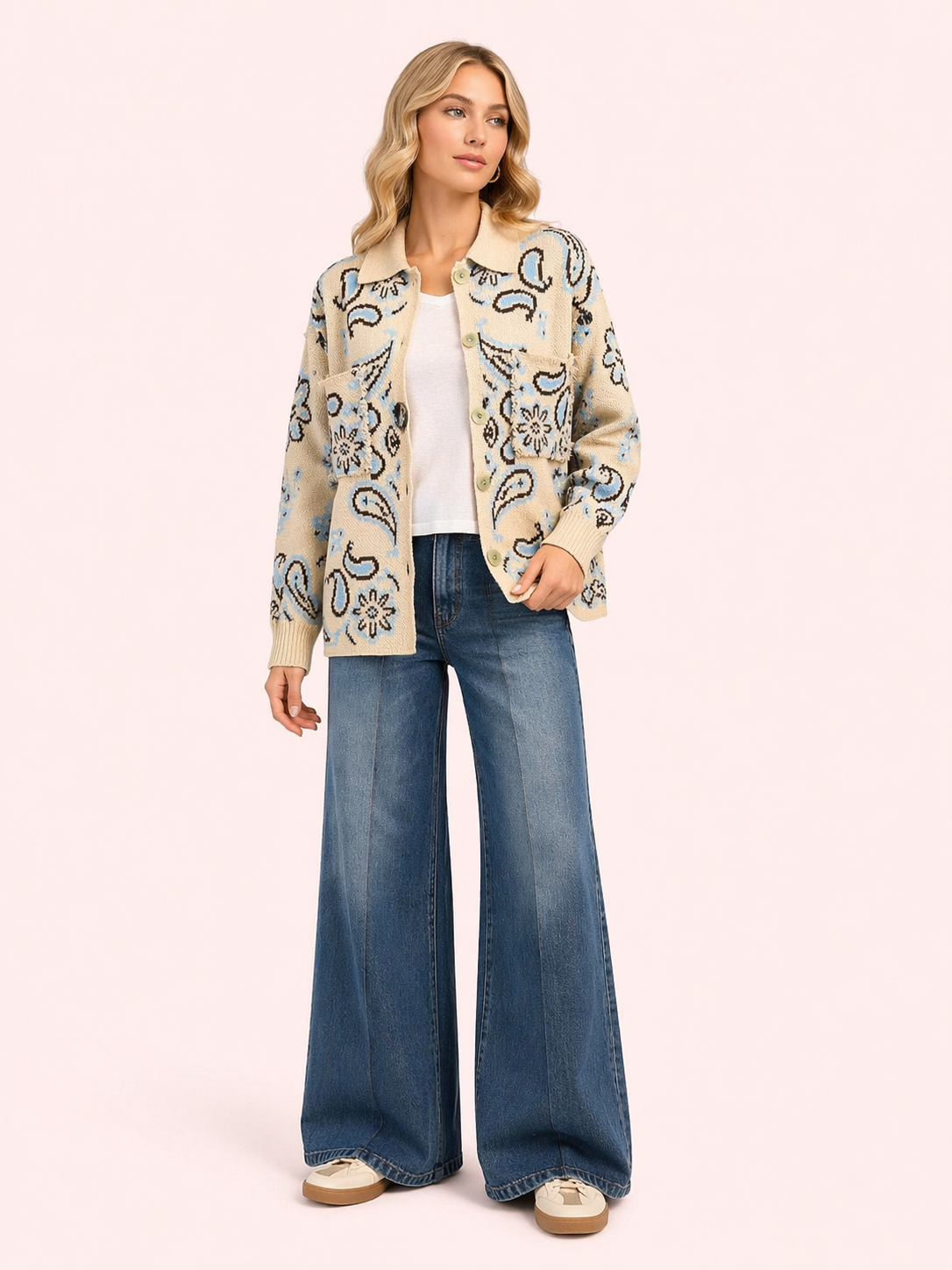 Cream Paisley Knit Cardigan - Relaxed Fit Button-Up Jacket
