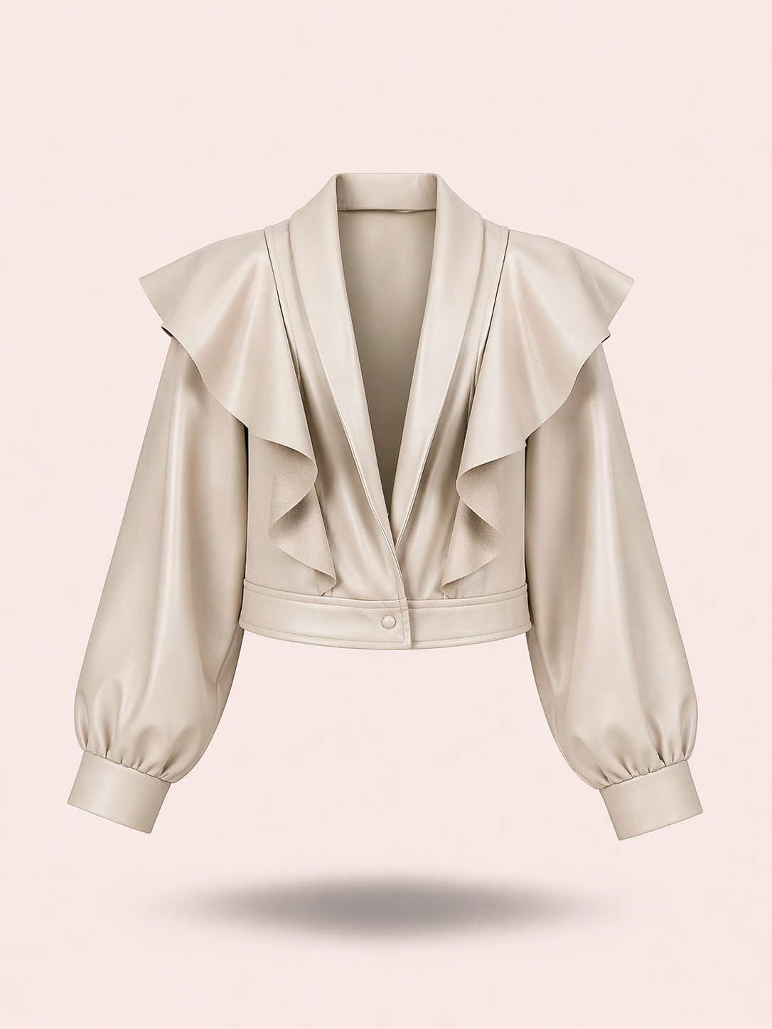 Cream Ruffle Cropped Relaxed Fit Jacket in Eco Leather - Elegant Statement Blazer