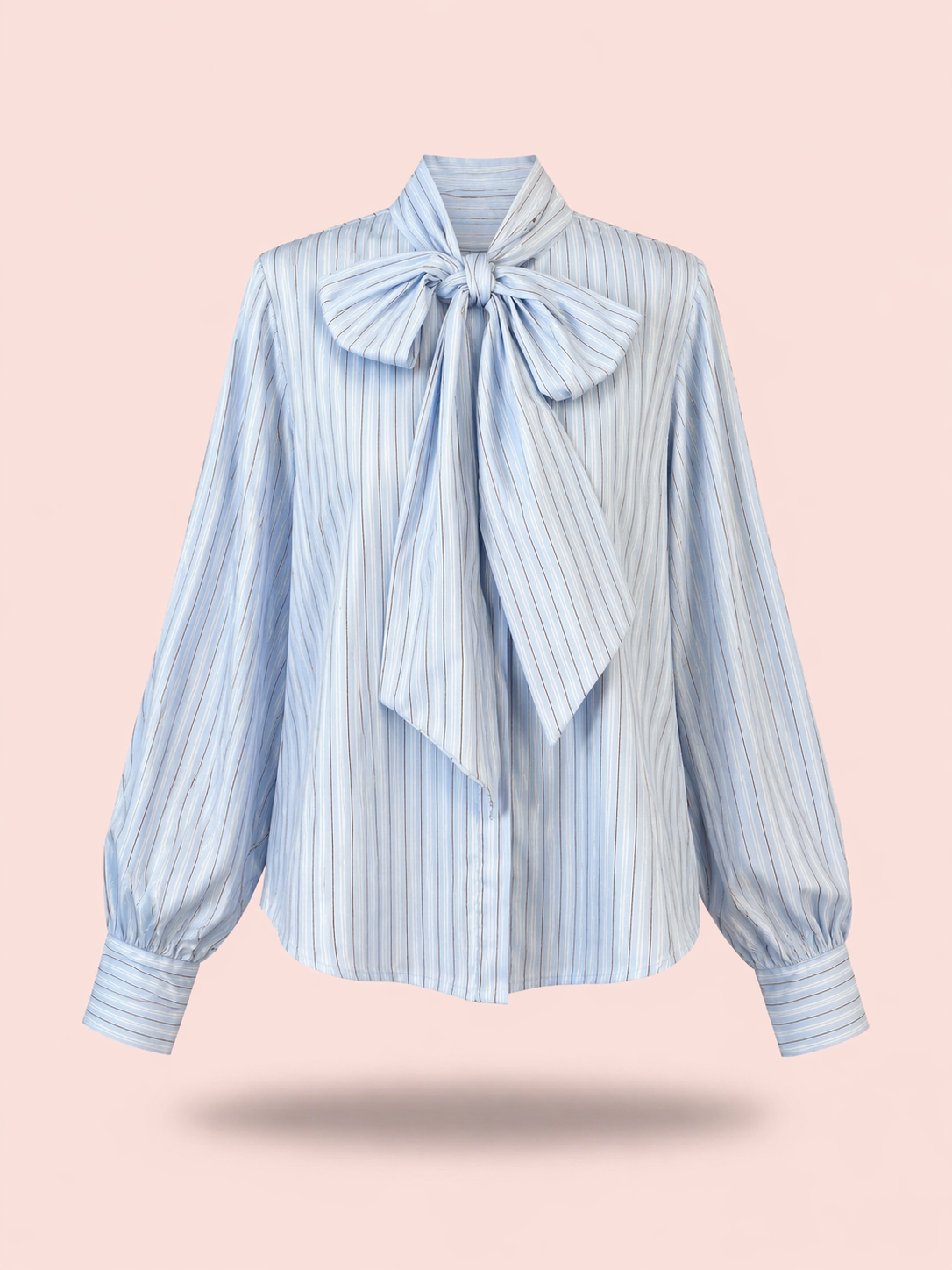 Relaxed Fit Light Blue Striped Bow Tie Cotton Shirt