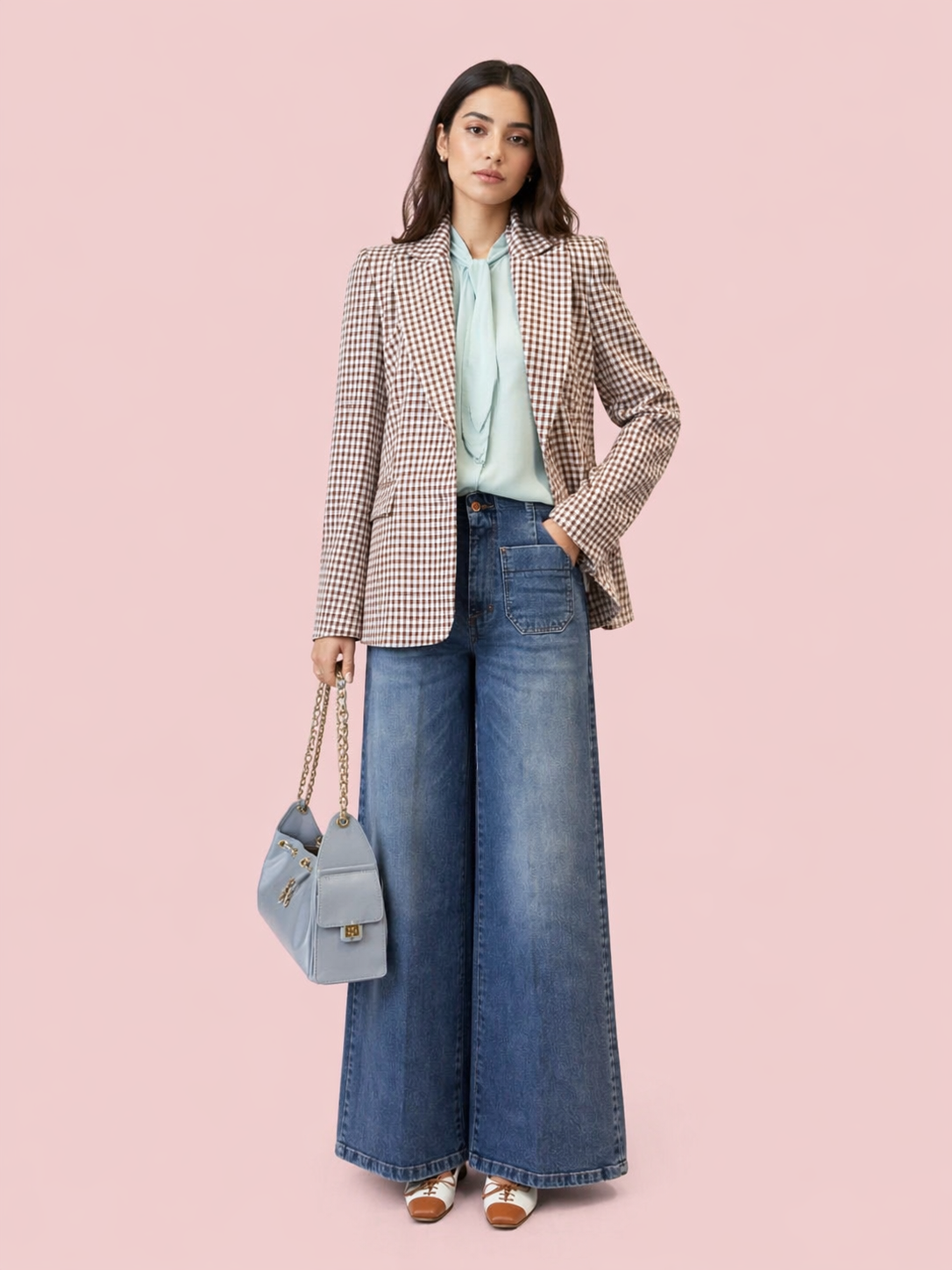 Pastel blue and brown Gingham Tailored Blazer - Classic Check Women's Jacket