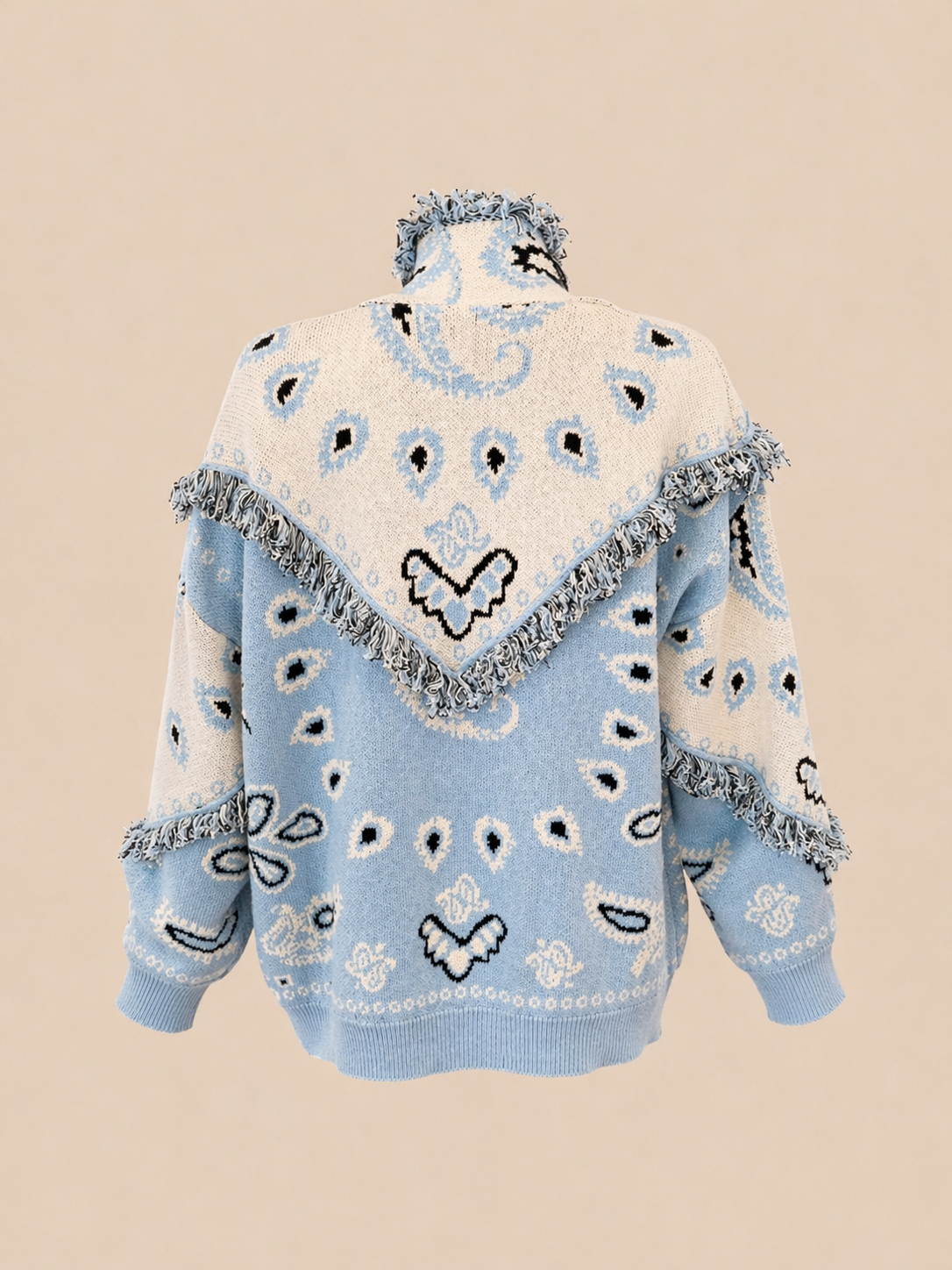 Boho Fringe Knit Cardigan - Oversized Blue & Cream Statement Jacket