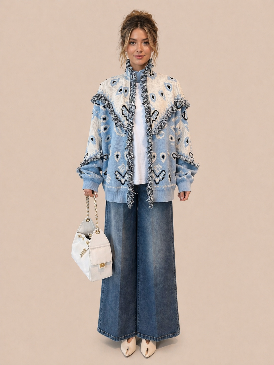 Boho Fringe Knit Cardigan - Oversized Blue & Cream Statement Jacket