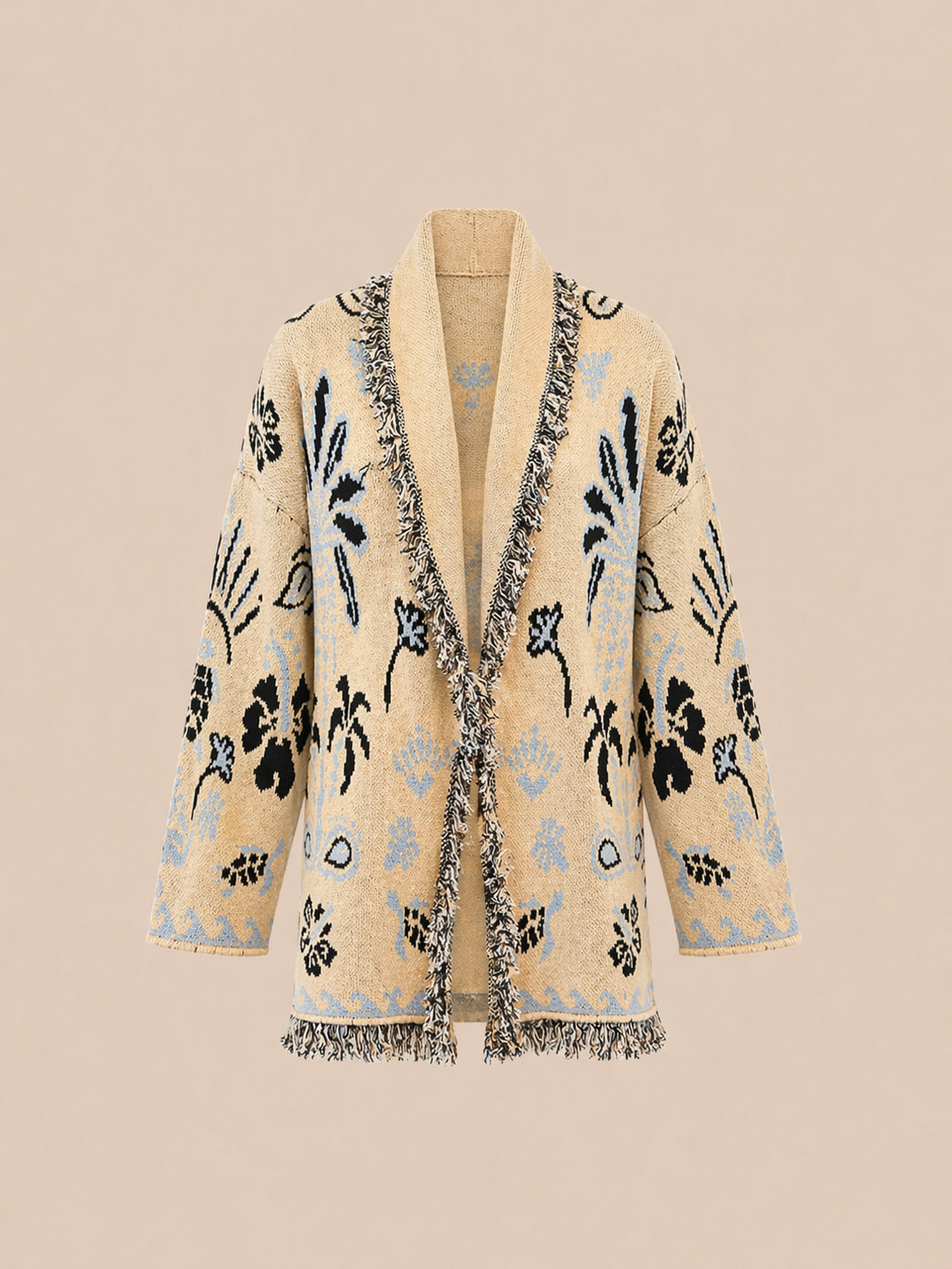 Belted Boho Knit Cardigan - Beige & Blue Oversized Statement Jacket