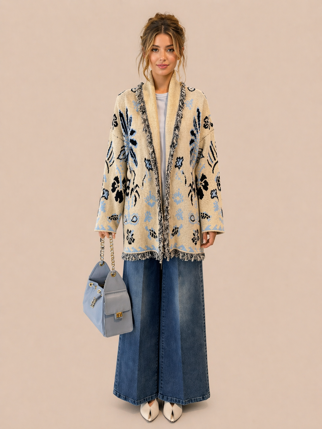 Belted Boho Knit Cardigan - Beige & Blue Oversized Statement Jacket