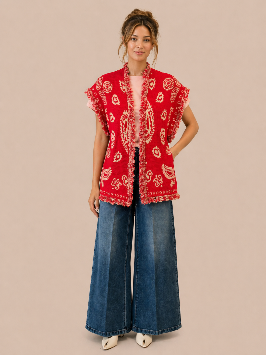 Red Belted Boho Knit Vest Cardigan - Fringe Relaxed Fit Statement Layer