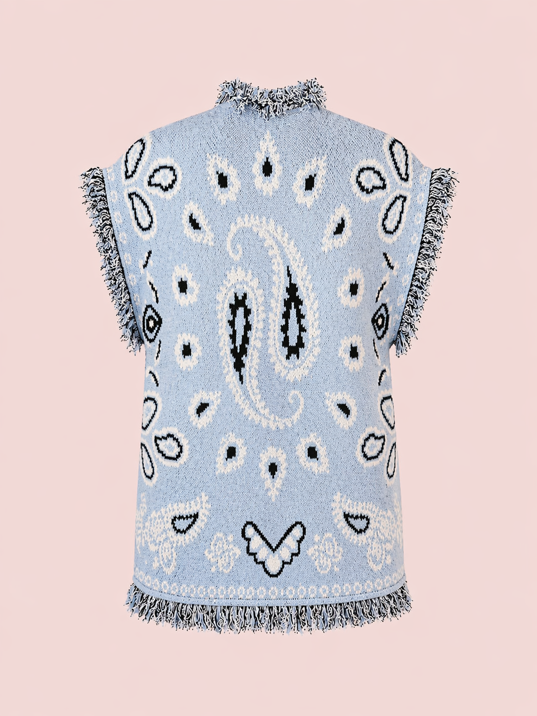 Light Blue Paisley Knit Belted Vest Cardigan - Fringe Trim Sleeveless Relaxed Fit Jacket
