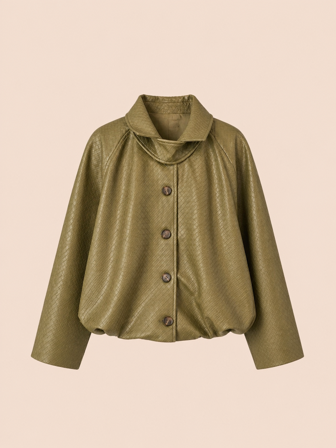 Olive Green Textured Cropped Eco Leather Jacket