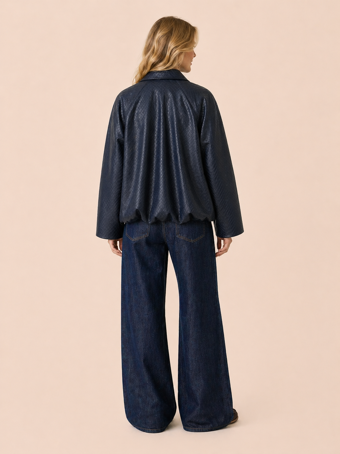 Navy Textured Cropped Eco Leather Jacket