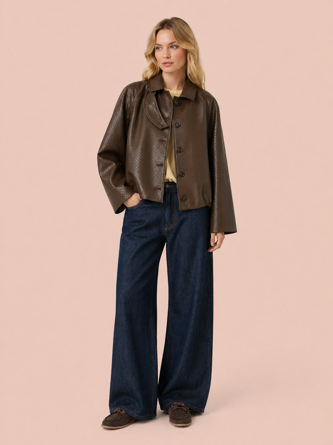 Brown Textured Cropped Eco Leather Jacket