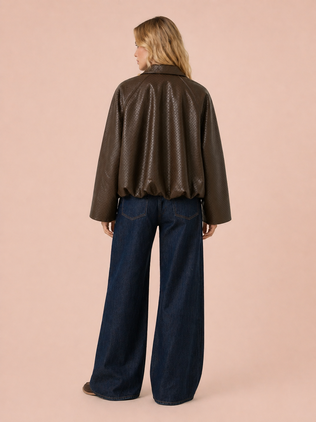 Brown Textured Cropped Eco Leather Jacket