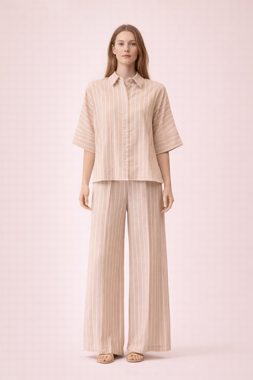 Beige with Striped Cream and Gold Lines Short Sleeve Shirt - Relaxed Fit Summer Blouse