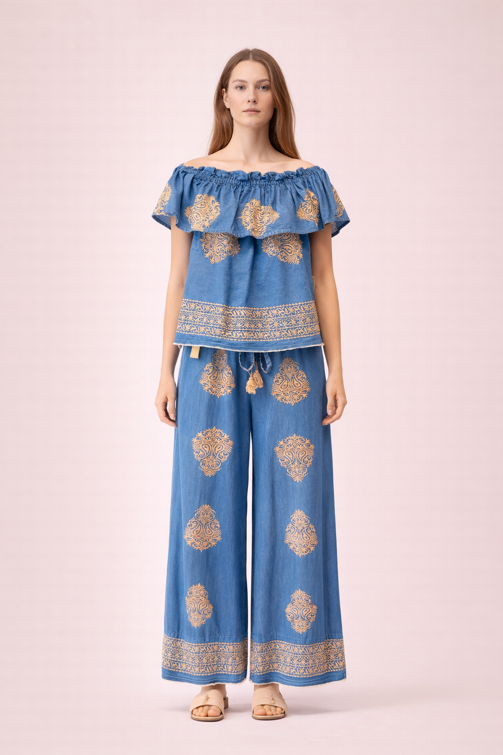 Blue Embroidered Wide-Leg Trousers - Boho Maxi Summer Pants