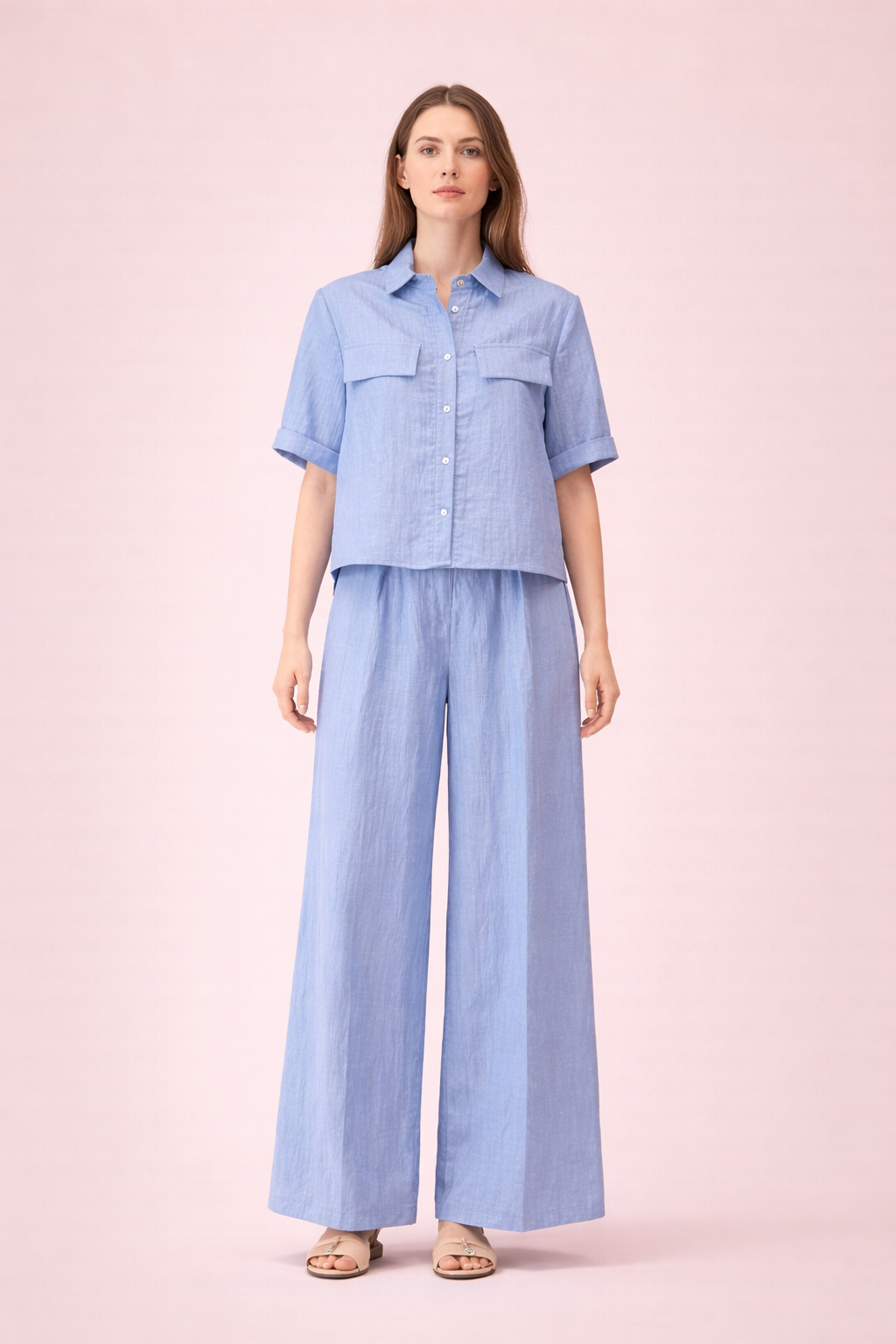 Sky Blue Linen Short Sleeve Shirt - Lightweight Relaxed Fit Summer Blouse