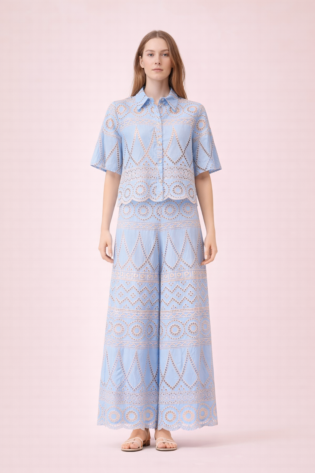 Sky Blue Broderie Anglaise Shirt - Lightweight Short Sleeve Lace Cotton Blouse