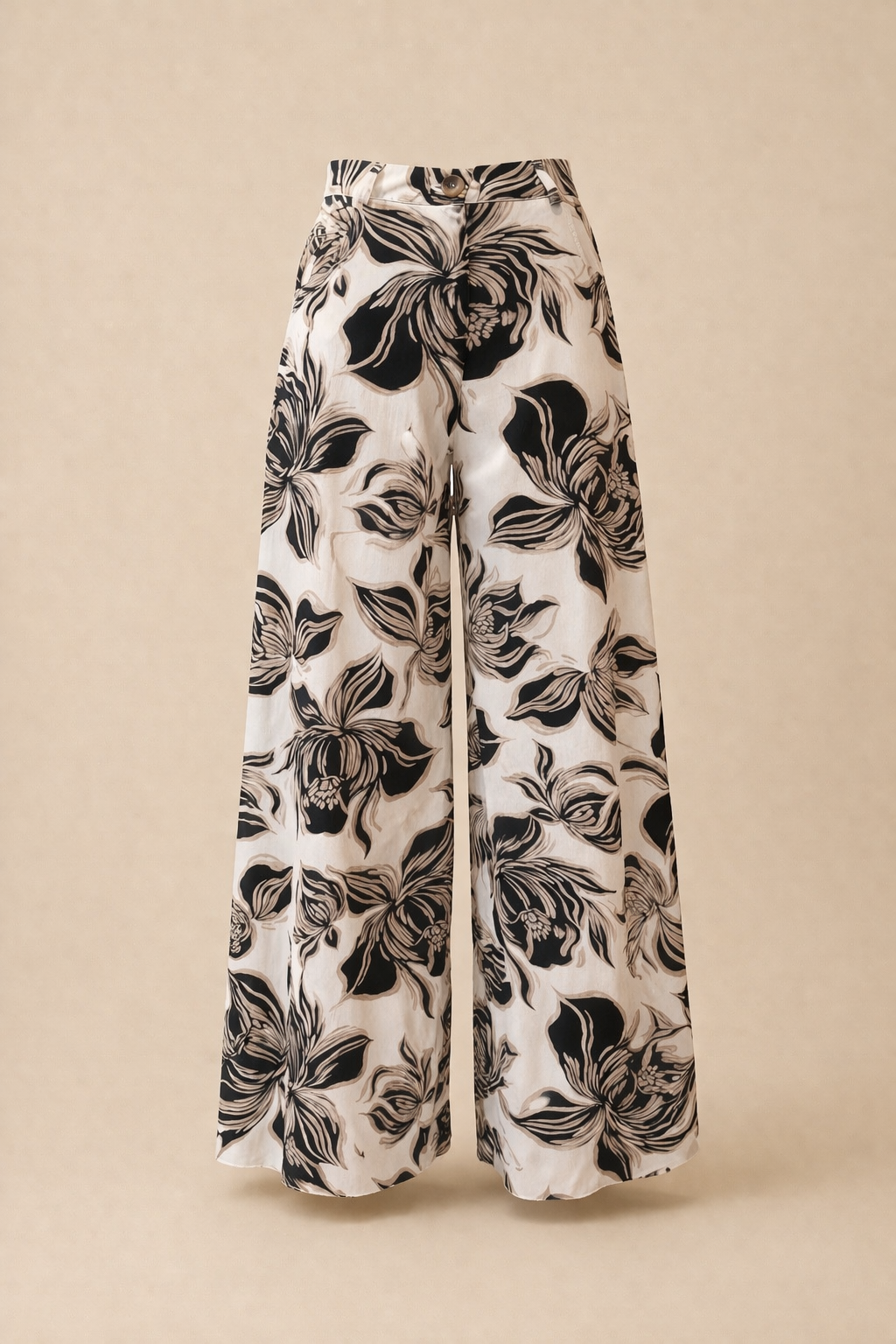 Women's Black & Beige Floral Wide Leg Trousers