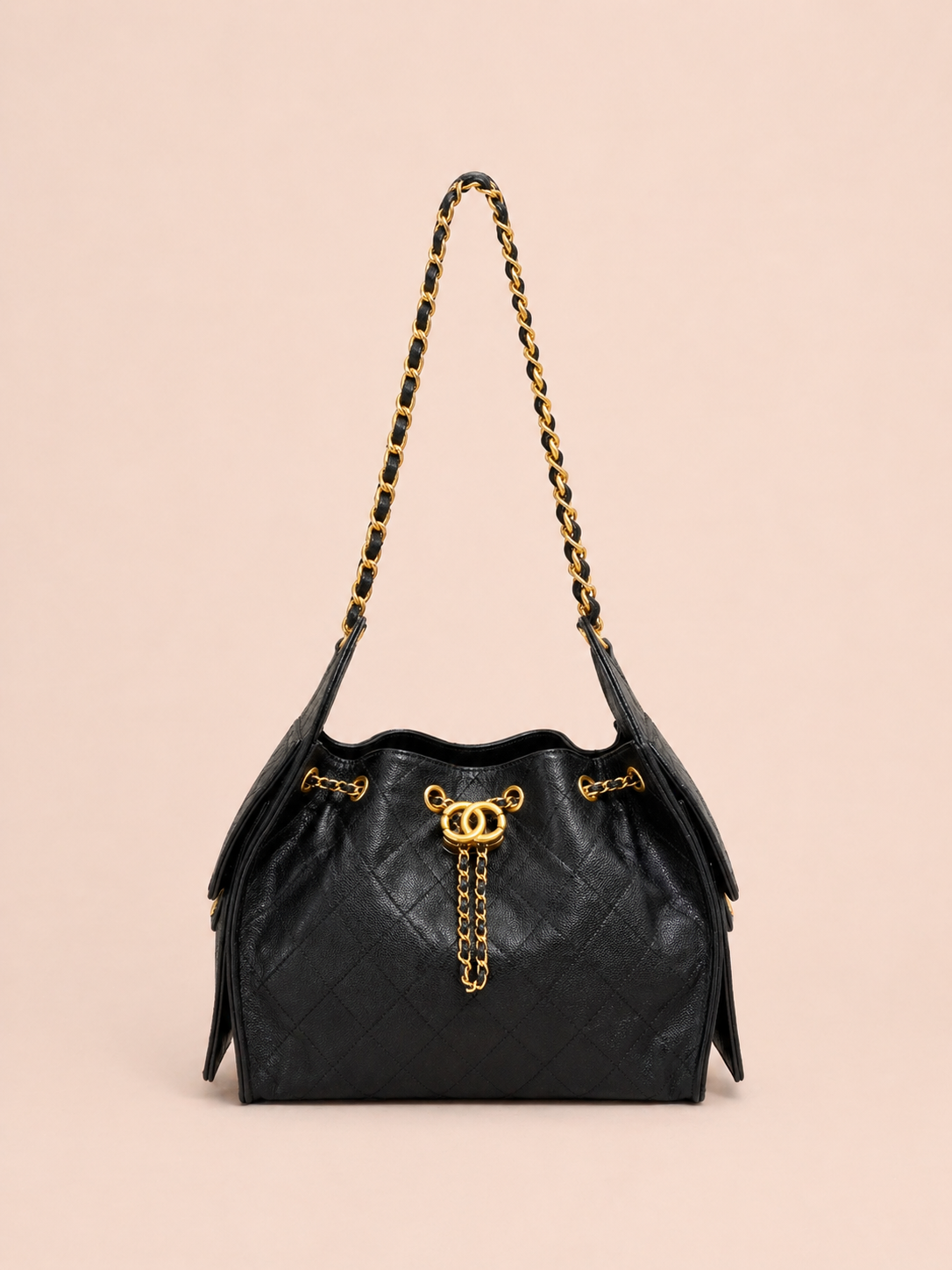 Luxury Quilted Black Leather Shoulder Bag With Gold Chain Strap