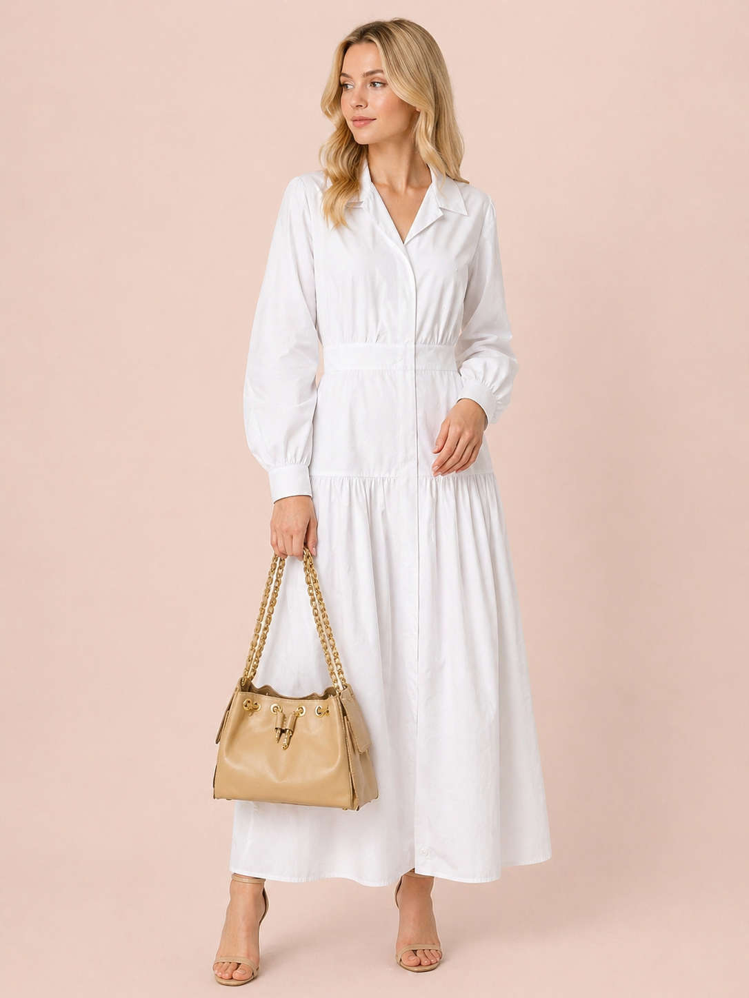 Beige Leather Shoulder Bag With Gold Chain Strap