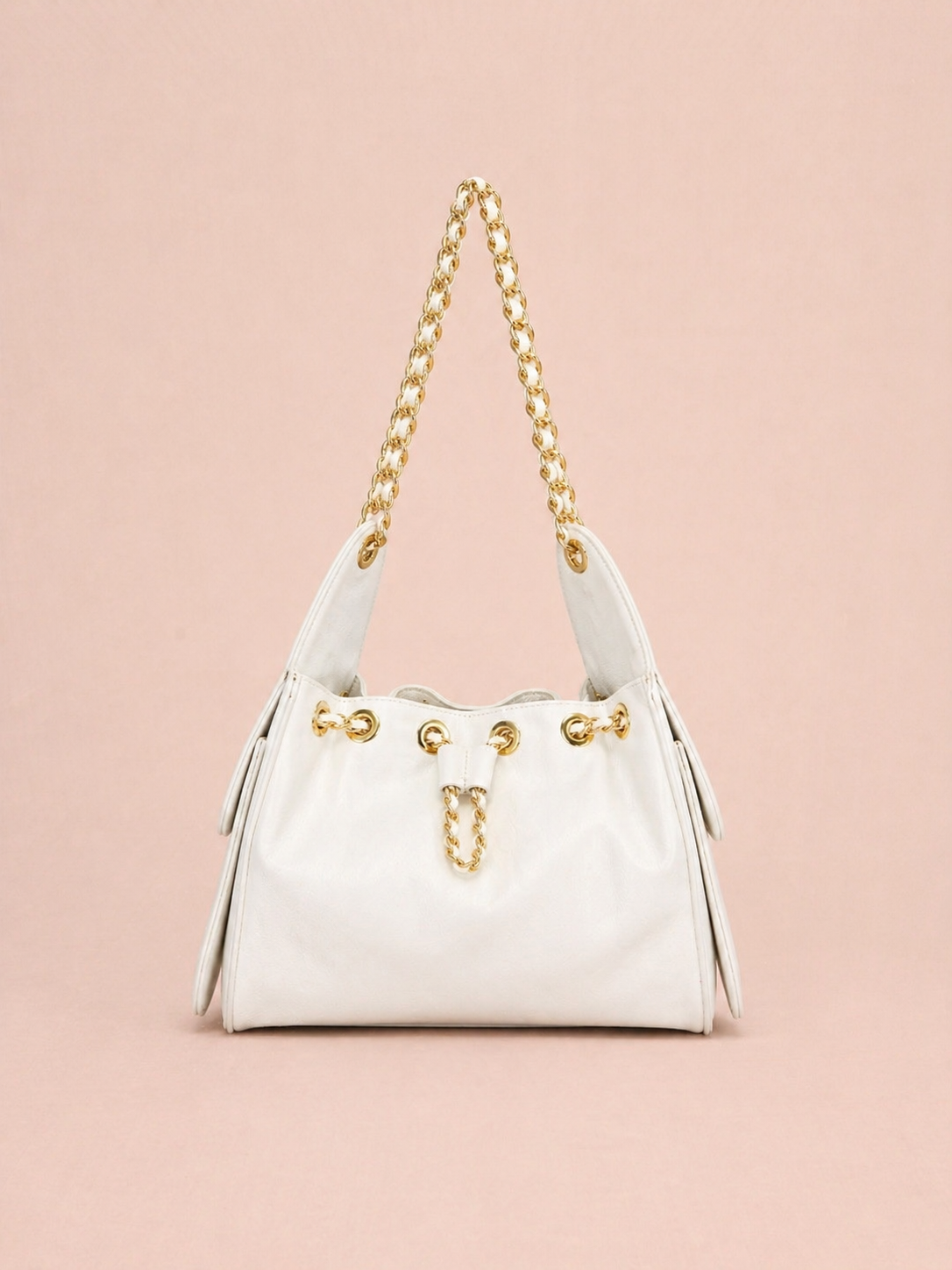 White Leather Shoulder Bag With Gold Chain Strap