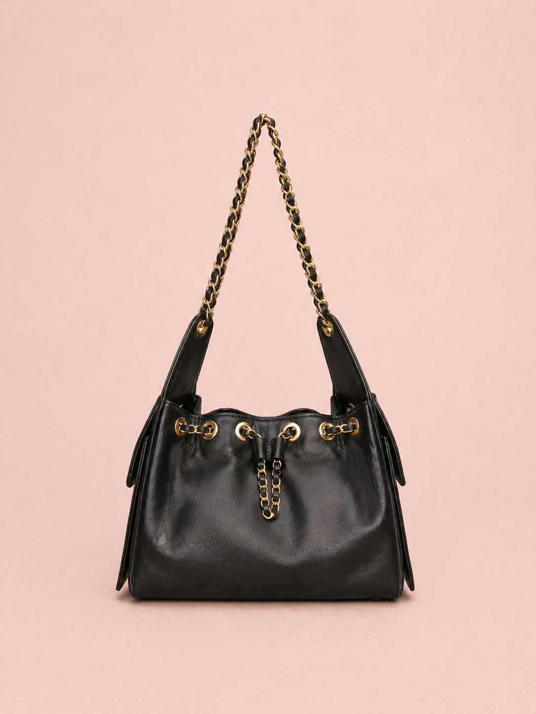 Black Leather Shoulder Bag With Gold Chain Strap