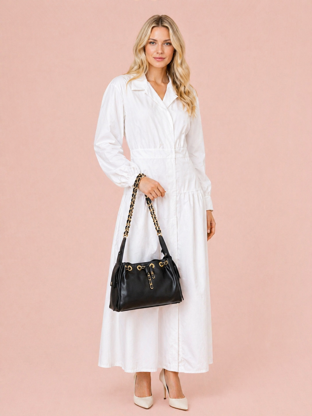 Black Leather Shoulder Bag With Gold Chain Strap